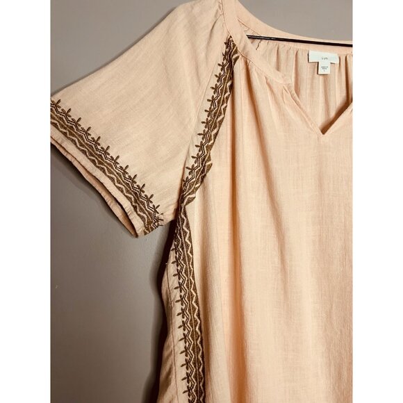 J Jill Women's Size L Shirt Linen Blend Tunic Top Boho Embroidered Short Sleeve - Picture 6 of 9